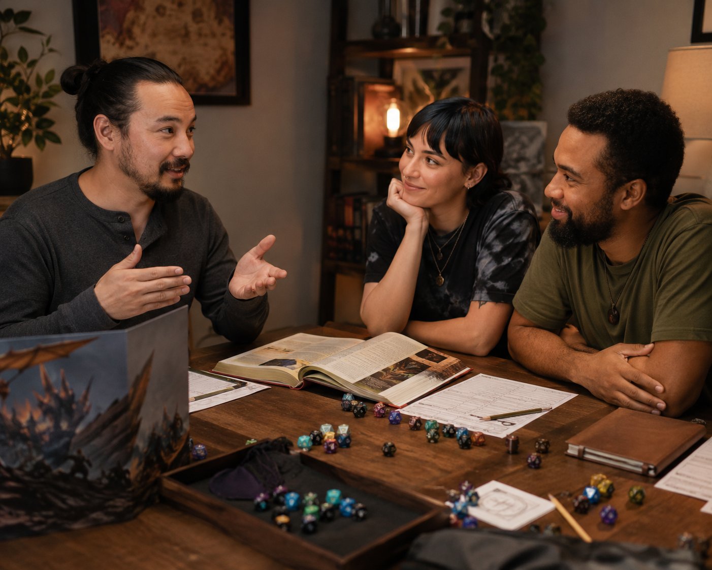 Jugador experimentado explicando reglas básicas a principiantes