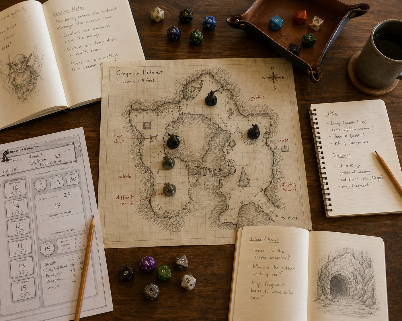 Mesa de juego con mapa y notas durante una sesión de rol