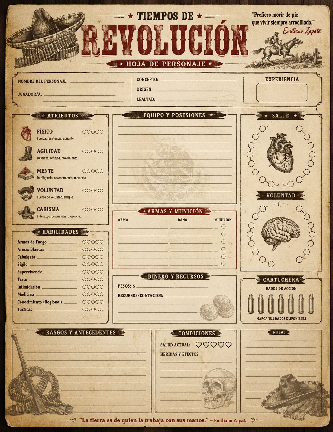 Hoja de personaje con temática de la Revolución mexicana y cartas de póker