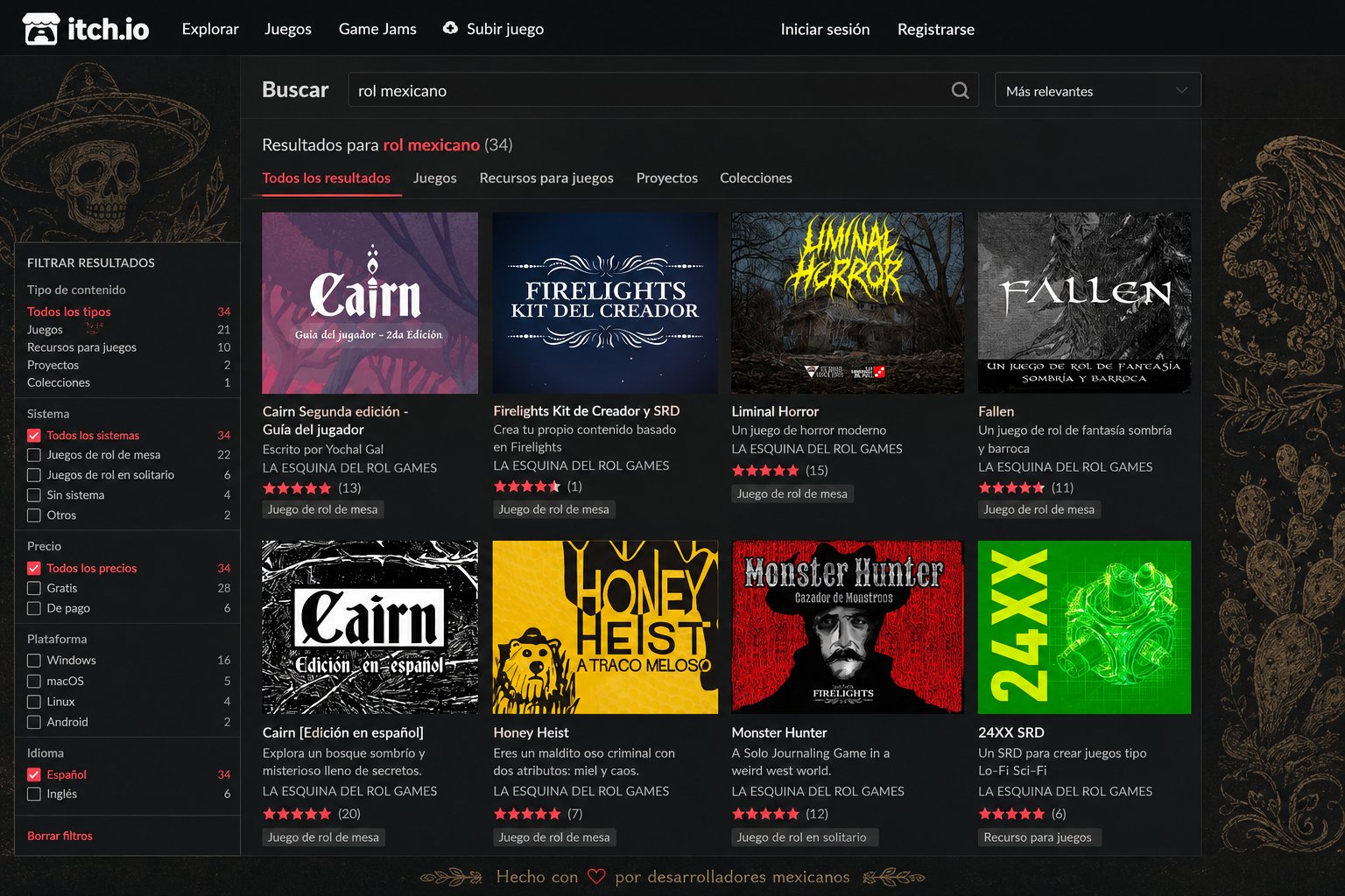 Búsqueda de juegos de rol mexicanos en itch.io